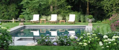 Blue and White Poolside Garden - Westport, CT — Landscape Design project by Austin Ganim Landscape Design, LLC in Westport