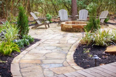 Flagstone Path and Seating Area, Sandstone 6X6 Firepit, Custom Cedar Pergola — Landscape Design project by Sunrise Landscapes in College Station