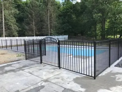 54-Inch Black Aluminum Three-Rail Project with Arched Top Gates by All American Fence Company