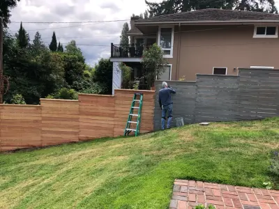 Contemporary Horizontal Fence Finished in Semi-Transparent Dalys Gray Shade by Cool Cat Fence