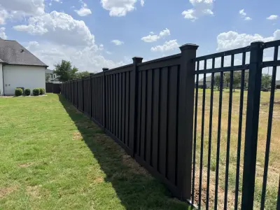 Composite Trex Fence and Pedestrian Gate in Dark Brown with Black Iron Fencing by My Garage And Gates
