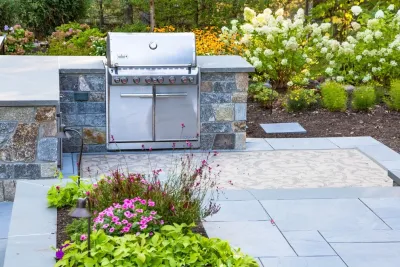Clean line contemporary swimming pool and outdoor living area Wyckoff NJ by Thomas Flint Landscape Design & Development