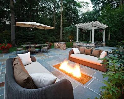 Cherry Hill Patio with Unique Fire Pit — Landscape Design project by Beechwood Landscape Architecture And Construction in Cherry Hill