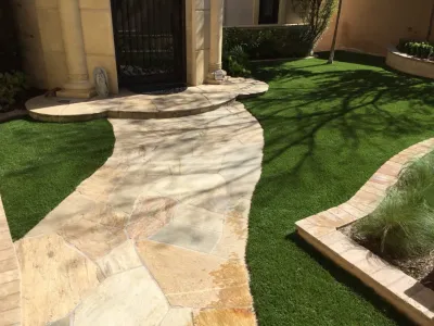 Studio City Residence - Front Yard Landscaping, stonework, and turf — Landscape Construction project by Allstate Landscape & Southwest Greens in Los Angeles