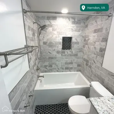 Black Hexagon Tiled Guest Bathroom — Kitchen Remodeling project by My Kitchen And Bath