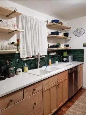 Burien Kitchen - updated countertops, tiled backsplash, and floating shelves — Home Renovation & Remodeling Services project by Hi Hat Installations