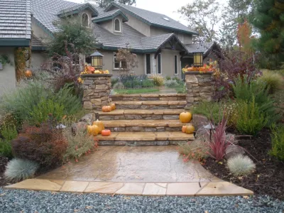 Meadow Vista Stone Columns and Flagstone Steps by Bluestar Landscape Designers