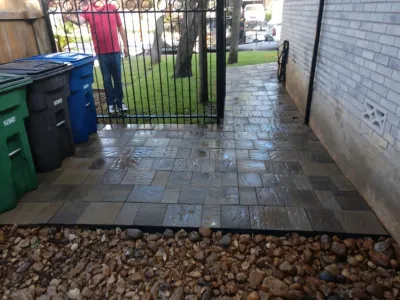 Catalina Sleight Crab Orchard paver patio install — Landscape Construction project by Boerjan's Landscaping & Design in San Antonio