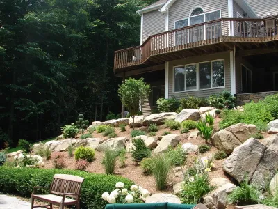Boulder Terracing, Stone Steps and Landscaping — Landscape Construction project by Bolton Landscape Design & Masonry Inc in Wilton