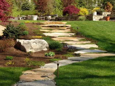 Spa Patio, Stepping Stones and Stone Bench — Landscape Construction project by Bolton Landscape Design & Masonry Inc in New Canaan
