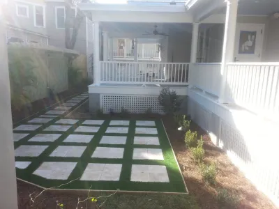 St Augustine Florida side yard historic home on St George Street — Landscape Construction project by Collins Turf Division