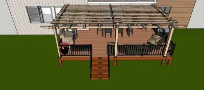 New Construction Composite Deck with Tan Vinyl Pergola and Built-in Grill Island — Landscape Construction project by Colorado Vista Landscape Design, Inc.