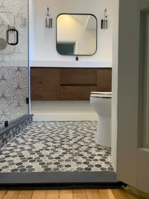 Compact yet Powerful Master Bath Renovation — Kitchen Remodeling project by K & M Flooring-Renovations Inc.
