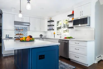 Blue Island in a White Kitchen at Long Valley — Kitchen Remodeling project by JMC Home Remodeling
