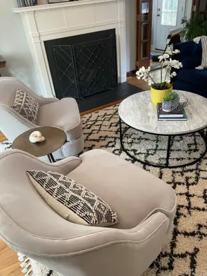 Moroccan Mid-Century Modern Living and Dining Area by Becca Robbins Interior Design