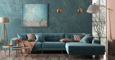 Copper and Blue Lounge by Bal Bahia Interiors