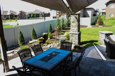 Welcoming Sheltered Summer Patio — Landscape Construction project by Groundscapes, Inc. in Omaha