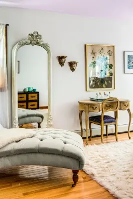 Lilac-Ceilinged White Bedroom by Amy Krane Color Consulting