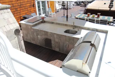 Beachfront Outdoor Kitchen & Firepit — Landscape Construction project by L.B. Forcellati & Sons, Inc.