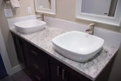 Classic Dual-Sink Restroom by Custom Counter Tops, Inc