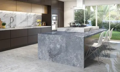 Gray Granite Kitchen Waterfall Island by Donatello — Countertop Installation Services project by C.H. Briggs