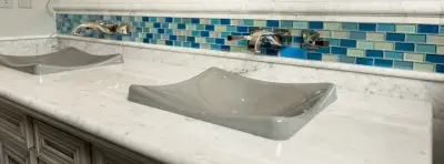 Vibrant Azure Restroom — Countertop Installation Services project by Sandia Marble