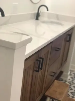 Suspended Quartz Vanity and Wall Top — Countertop Installation Services project by Prestige Custom Stone Products, Inc.
