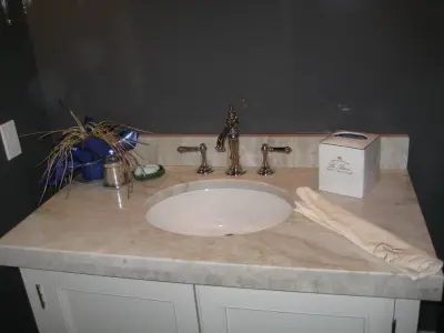 Taj Mahal Quartzite Laminate Vanity — Countertop Installation Services project by LaBruyere Stone