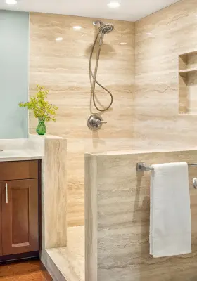 Sauvie Island Walnut Travertine Thin Slab and Cotton White PentalQuartz — Countertop Installation Services project by De La Tierra, INC
