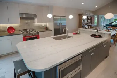Macaubas Island and Table in White — Countertop Installation Services project by Surface Art Countertops