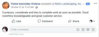 Reviews (Facebook & Website) — Landscape Construction project by Lil Red's Landscaping, Inc.