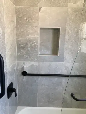 Stockton Bathroom Renovation with Rock Crystal and Blue Vanity — Home Renovation & Remodeling Services project by Avalon Builders