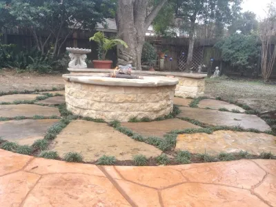 Gas Fire Pit & Stone Seatwall — Landscape Construction project by Mike Ball Irrigation Landscape & Lighting in Houston