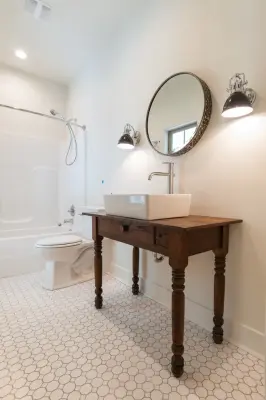 Contemporary Farmhouse Guest Bathroom — Interior Design & Decorating project by Nest Obsessed Interior Design