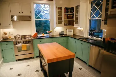 Distinctive Vintage Green Kitchen - Tailored Cabinets — Home Renovation & Remodeling Services project by Crippen Woodworks