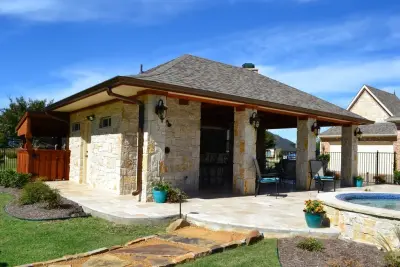 Parker - Swimming Pool with Slide, Pool House, and Fire Pit — Deck Building & Repair project by Ortus Exteriors