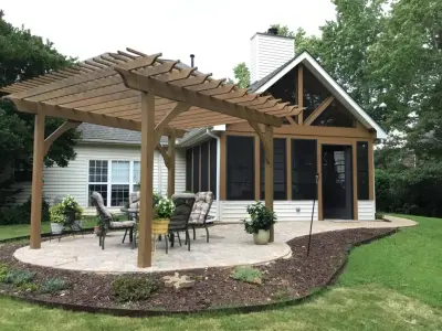 Gabled Roof Screen Porch with Paver Flooring, Walkway, and Patio in Lilburn — Deck Building & Repair project by Atlanta Porch & Patio