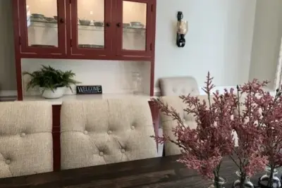 Crimson Hutch Dining Area — Interior Design & Decorating project by First Impressions By Julie Wagner