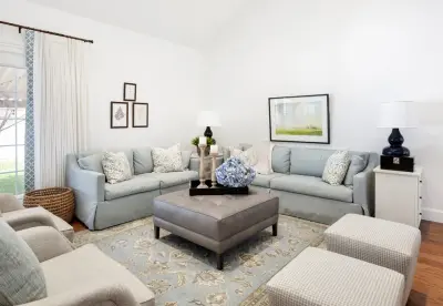 Subtle Gray and Blue Living Area — Interior Design & Decorating project by Hillmanor Design