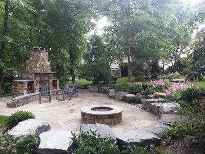 Patio, fireplace, gas fire pit, & walkway by Rock Water Farm