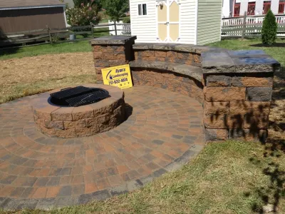 Fire pit, wall of seats, patios, & Walkway Installation in Hanover, PA by Ryan's Landscaping Hanover, Pa Patios & Walls