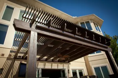 Louvered Roof with Stone Outdoor Kitchen — Deck Building & Repair project by American Louvered Roof Systems