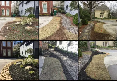 Sandy Springs Birthday Install-new plantings, zoysia, river rock beds, boulders by SHM Landscape