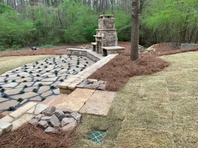 Smyrna outdoor enhancements - Stacked Stone Fireplace, Flagstone Patio, Stacked by SHM Landscape