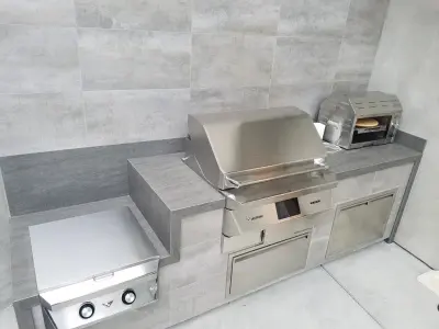 contemporary outdoor cooking area in Sherman Oaks — Deck Building & Repair project by L.A. Custom Grill Islands