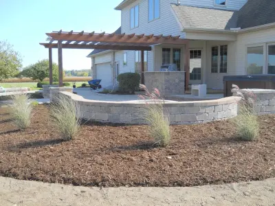 Patio Cooking Area with Shade Structure — Stone & Concrete Installation project by Twin Oaks Landscape, Inc.