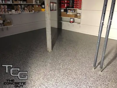 Bloomington Complete Flake Garage Flooring - Domino with Purple by The Concrete Guy By Matthew Hage