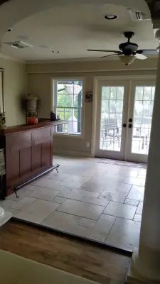 Ivory Swirl Tumbled Tiles with French Pattern [0.5" thick] — Stone & Concrete Installation project by Travertine Mart