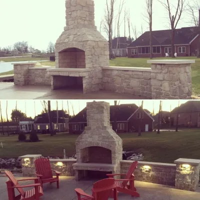 stone fireplace — Landscape Construction project by VIVID Landscape & Lighting
