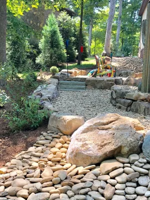 Drainage work mutating into living space — Landscape Construction project by Wilson's Natural Landscaping, LLC in Charlotte